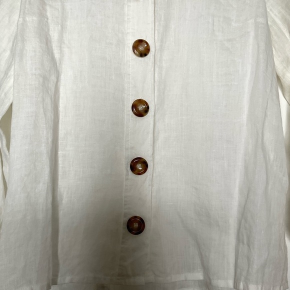 Sezane Linen Ruffled White Button-Up Blouse with Big Brown Buttons Size 36 - Picture 3 of 13
